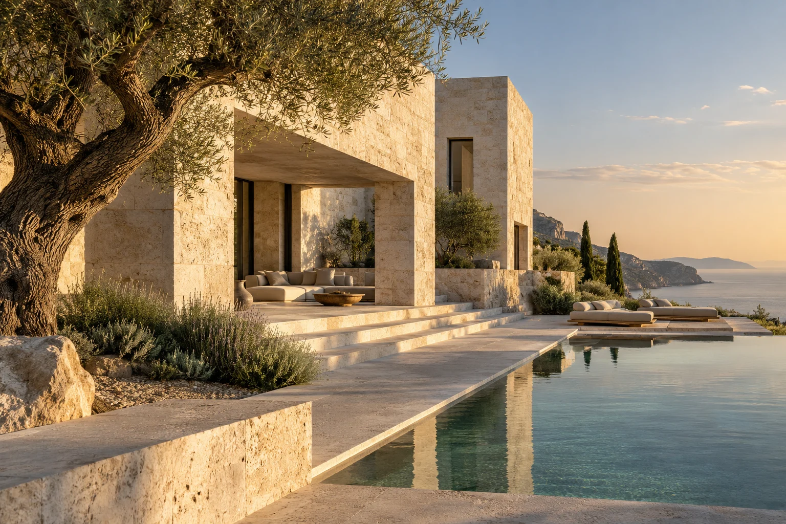 Limestone villa and olive tree in warm Mediterranean sunlight