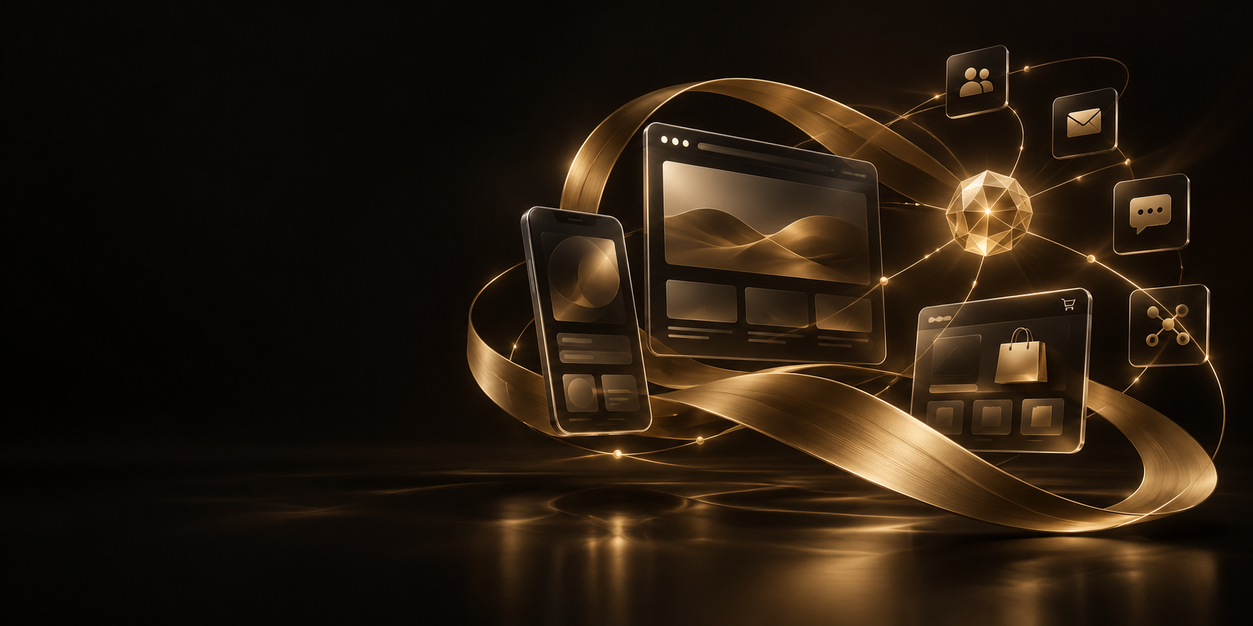 A flowing gold ribbon connects websites, apps, online stores and business automation