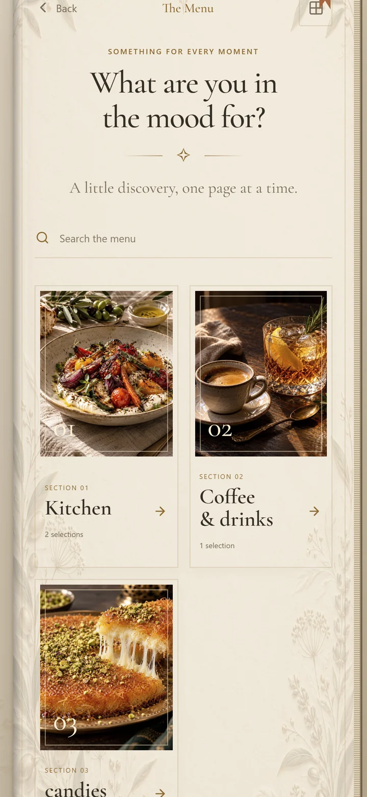 English menu sections and search on a graphite phone