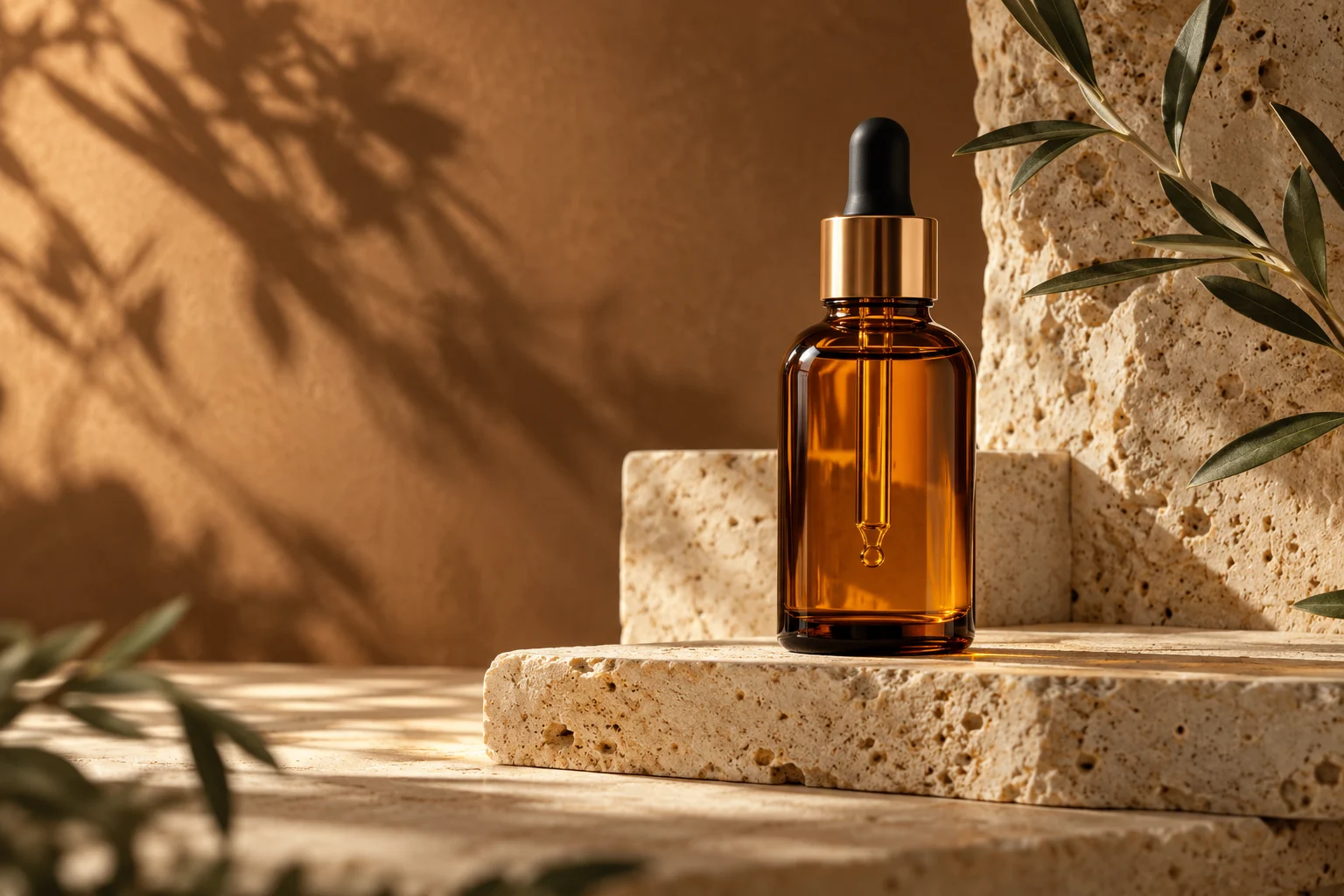 Amber skincare bottle on a travertine pedestal